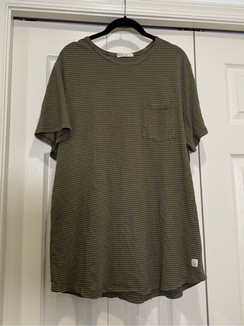 Marine Layer Saddle Hem Short Sleeve Pocket Tee Cotton Green White Striped Large
